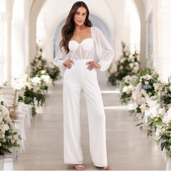 Lulus Pants - Lulu's White Sheer Sleeve Jumpsuit